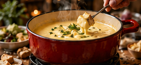 Rode fonduepan met een stukje brood in gesmolten kaas