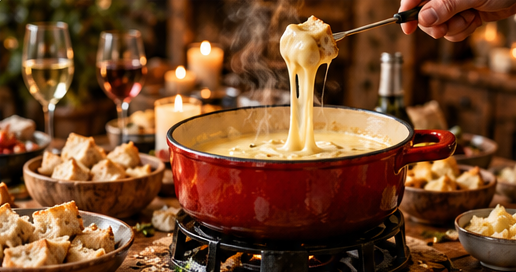 Fonduepan op tafel met een hand die een stuk brood door de kaas haalt
