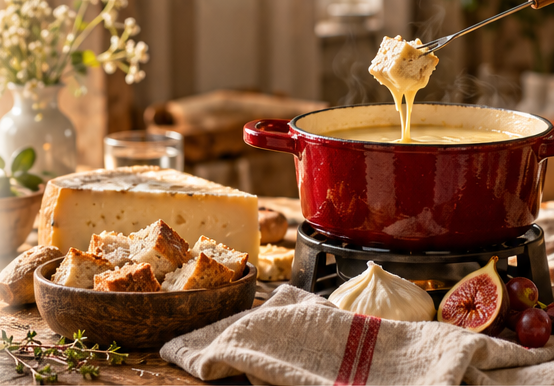 Rode fonduepan met kaas, brood, vijgen en druiven op een gedekte tafel