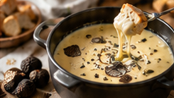 Klassieke kaasfondue in een zwarte pan met truffel