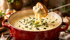 Kruidenfondue in een rode pan met een stukje brood