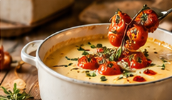 Kaasfondue in een witte pan met gegrilde tomaten