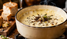 Roomkaasfondue met truffel in een crèmekleurige pan