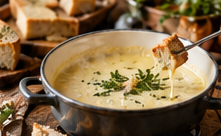 Kruidenfondue met knoflook en tijm in een grijze pan