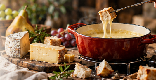 Rode fonduepan met kaas, brood, peer en druiven