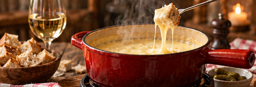 Rode fonduepan met stomende kaas, een stuk brood aan een vork en een glas witte wijn